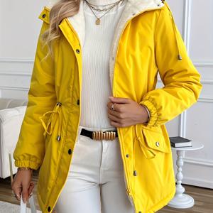 TEMU 가을과 겨울용 패셔너블하고 우아한 후드 더블브레스트 허리집는 폴라 플리스 여성 재킷