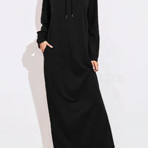 TEMU 여성용 신상 롱 솔리드 컬러 루즈핏 긴팔 드로스트링 후드 원피스, 캐주얼하고 스타일리시함.