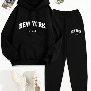 TEMU 플리스 후드티, 유럽 및 미국 여성 가을 및 겨울 패션, 독특한 프린트 캐주얼 두피 세트