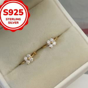 TEMU 925 실버 4엽 잎 합성 지르코니아 귀걸이, 작은데도 섬세하고 고급스러운 느낌, 우아한 라이트 럭셔리 귀걸이, 박스 없는 주얼리 액세서리