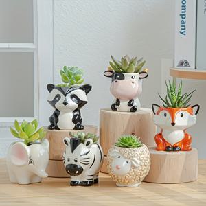 TEMU 6-Pack 세라믹 동물 만화 식물 화분, 배수 구멍이 있는 귀여운 다육 식물 화분, 래커 마감, 불규칙한 모양, 실내 및 실외 사용을 위한 정원 스타일 탁상 분재