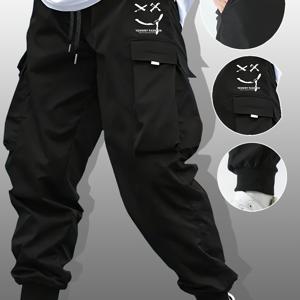 TEMU 여러 포켓이 있는 남성용 카고 팬츠 - 루즈핏, 끈 조절 허리, 캐주얼 스타일, 블랙, 봄/가을에 완벽, 캐주얼 의상, 캐주얼 스타일 팬츠|폴리에스터 원단