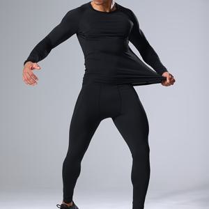 TEMU 남성용 압축 스포츠 웨어 2세트 - 폴리에스터 수분 흡수 및 땀 흡수 긴팔 셔츠와 타이츠, 피트니스, 트레이닝, 러닝 및 농구에 적합 - 빠른 건조, 세탁 가능, 라운드 넥, 단색, 일반 소매 길이, 타이트 핏