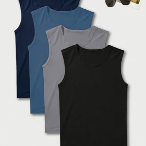 TEMU 4-팩 남성용 단색 캐주얼 크루넥 조끼, 폴리에스터 95% 엘라스테인 5% 니트 원단, 중간 신축성 일반 핏 올 시즌 탱크 탑|남자나시