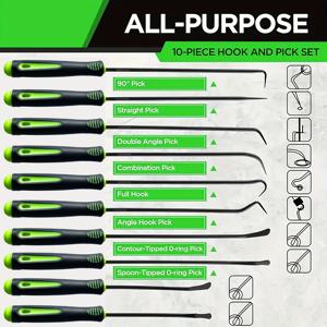TEMU 10개입 고강도 정밀 오일 씰 후크 키트 (듀얼 주입 몰딩 핸들 & 인체공학적 그린/핸들 포함) - O-링 & 개스킷 제거 도구 세트 (캠 & 후크 포함), , 전자 제품 수리 - 정비공을 위한 이상적인 할로윈/크리스마스 선물