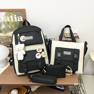 TEMU 시란 학교 백팩 5개 - 대용량 다기능 여행 책가방, 체인 부착 시스템 및 체크무늬 스타일 - 청소년용 경량 학교가방 (지퍼 클로저)