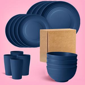 TEMU 4인용 파란색 식기 세트 (접시, 그릇, 컵 포함), 전자레인지 사용 가능, 식기세척기 사용 가능, 크리스마스, 새해, 발렌타인데이, 주방 사용, 야외 캠핑, RV 여행, 피크닉 등 다양한 행사에 적합.