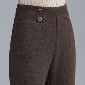 TEMU 여성용 울 혼방 트위드 레그 팬츠, 탄력 있는 허리밴드 & 버튼 디테일 - 다크 브라운 캐주얼 우아한 바지, 가을 겨울용 긴 길이, 손세탁/드라이클린, 계절별 옷장, 세련된 스타일, 내구성 있는 구조, 다용도 하의, 사무실 복장|냉장고바지|바지|여성의류