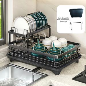 TEMU 2단 블랙 아이언 주방 카운터 & 싱크대 식기 건조대 - 대용량 정리대, 배수판, 식기 거치대 & 컵 후크 포함 - 접이식 디자인으로 접시, 그릇, 냄비 & 식기류 효율적 저장, 효율적인 식기 보관|접이식 랙|튼튼한 주방 아이템, 주방 카운터용 식기 건조대