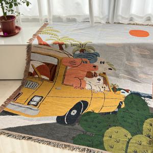 TEMU 만화 스타일 귀여운 담요 - 사계절용, 저자극성 폴리에스터 태슬 장식, 세탁기 사용 가능, , 내부, 휴대용