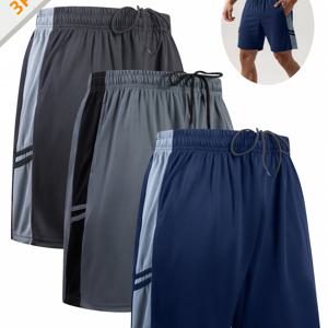 TEMU 3pcs 남성용 플러스 사이즈 캐주얼 반바지 - 루즈핏, 대비되는 측면 포켓이 있는 단색, 여름, 달리기 및 피트니스용 통기성 폴리에스테르, 플러스 사이즈 반바지, 플러스 사이즈