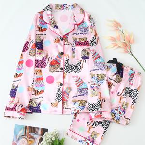 TEMU 여성용 프린트 긴팔 파자마 세트, 캐주얼 라펠 칼라 실크 파자마, 95% 폴리에스테르 5% 엘라스탄, 올 시즌 편안함, 직조 직물, 90gsm - 성인 동물 패턴 잠옷