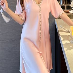 TEMU 여름 여성용 수면 드레스, V넥, 짧은 소매, 에어컨 방에서 편안하게 입을 수 있는 루즈웨어 또는 파자마로 적합합니다.