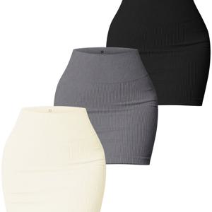 TEMU 3pcs 여성용 무봉제 하이웨이스트 운동 스커트 - 요가, 러닝 & 캐주얼 착용을 위한 신축성 있는 리브드 스타일의 스트레치 스커트, 세탁기 사용 가능 올시즌 피트니스 스커트 블랙/그레이/베이지, 오판크 원단