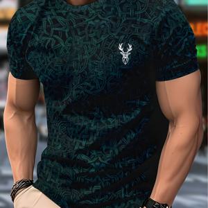 TEMU 1개 남성 크루넥 티셔츠. 스포티 캐주얼 티셔츠, 다크 그린 미묘한 패턴 프린트와 화이트 사슴 머리 자수가 있는 남성용 반팔 티셔츠. 슬림핏, 라이트 럭셔리 캐주얼 스타일. 빠른 건조, 통기성, 세탁 쉬움. 레귤러 핏, 스포츠, 캐주얼 웨어, 피트니스에 적합. 다용도