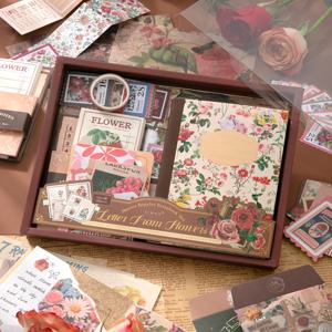TEMU 153개 빈티지 플로럴 스크랩북 장식 세트 (접이식 노트패드, 봉투, 와시 테이프, 스티커, 불렛 저널링 및 콜라주용 선물 상자 포함)