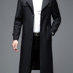 TEMU 남성 우아한 더블 브레스트 트렌치 코트 - 긴 소매, 버튼 업, 단색 블랙, 캐주얼 아웃팅 및 파티에 완벽, 봄/가을 착용, 세련된 라펠 칼라, 내구성 있는 원단