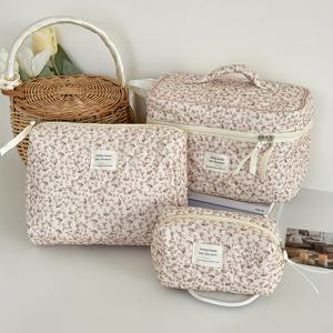 TEMU 대용량 동전 지갑 코듀로이 풀 페이스 꽃 장식 가방 세트, 가을과 겨울을 위한 대용량 화장품 가방, 고가의 패션 보관 가방