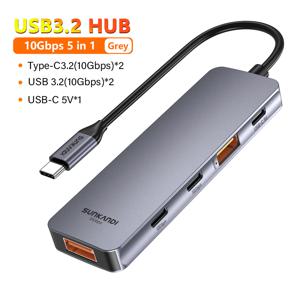 TEMU SUNKANDI USB C 허브, 5-In-1 USB 3.2 어댑터 (10Gbps 속도), USB-C 3.2 포트 2개, USB-A 3.2 포트 2개, Type-C 전원 포트 1개 포함, Macbook Pro/Air, Ipad Pro, Iphone Pro Max, Surface, PC 및 노트북과 호환.