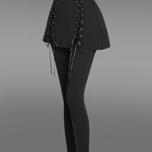 TEMU Y2K 고딕 조절 가능한 레이스업 스커트 팬츠, 편안하고 신축성 있는 원단 레깅스, 캐주얼 외출복, 숏 스커트와 롱 팬츠의 투인원 디자인, 하이웨이스트 단색 팬츠로 여성에게 적합한