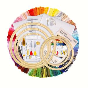 TEMU 창의적인 풀 스티치 자수 스타터 키트 (50색 실, 5가지 사이즈의 후프, 바늘, 실꿰기, 가위, 흰색 원단 포함) - 초보자 및 공예 애호가를 위한 십자수 키트, 완벽한 선물 아이디어, 자수 키트