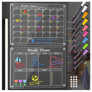 TEMU 2개 세트 아크릴 냉장고용 드라이 이레이스 보드, 10가지 색상의 펜, 월간 및 주간 달력, 투명 자석 드라이 이레이스 보드, 냉장고 장식, 재사용 가능한 플래너 화이트보드, 주방 일일 목록