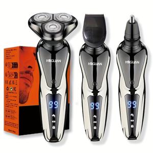 TEMU 남성용 전기 면도기, 코털 정리기 및 턱수염 트리머 포함 3-in-1 세트, 600mAh 리튬 배터리 충전식, 지능형 디지털 파워 디스플레이, 스테인리스 회전날 - 남성, 아빠, 남자친구를 위한 최고의 부활절&휴일 선물