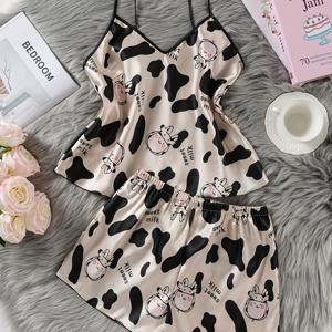 TEMU 청소년용 소 동물 프린트 파자마와 서스펜더 쇼츠 캐주얼 홈 파자마 세트