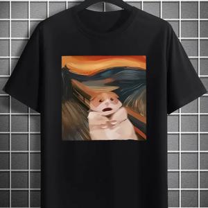 TEMU 남성용 패셔너블 블랙 티셔츠, 추상 햄스터 아트 프린트 - 캐주얼, 가벼운, 통기성 폴리에스터, 크루 넥, 반팔 여름 상의