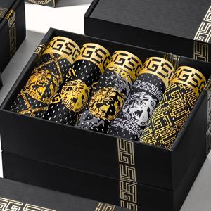 TEMU 블랙 & 골드 기프트 박스 세트 5개입, 남성용 아이스 실키 섬유 메쉬 통기성 컴포트, 블랙 & 골드 나이트 체인 프린트 박서 브리프