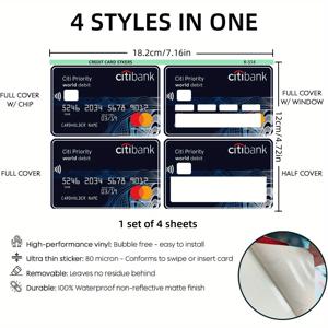 TEMU 신용 카드, 은행 카드, 체크 카드, 버스 카드에 적합한 두꺼운 무광 메인/여성용 신용 카드 스티커 4개 세트, 제거 가능한 자가 접착식 장식 카드 스티커, 스크래치 방지, 아름답고 좋은 품질