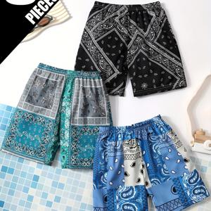 TEMU 3개입 소년 페이즐리 프린트 수영 반바지 - 루즈핏 통기성 무릎길이 비치 반바지 페이즐리 꽃무늬, 봄 여름 수영복 & 빅사이즈 (3세 번들) - BAIOUNIAO 캐주얼 플레이웨어 (손세탁 가능), 야외 활동에 완벽