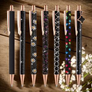 TEMU 여성용 우아한 메탈 볼펜 7개 세트, 중간 굵기 리트랙터블 만년필, 검정 잉크, 저널링, 비즈니스, 사무실 및 선물용, 14세 이상 적합