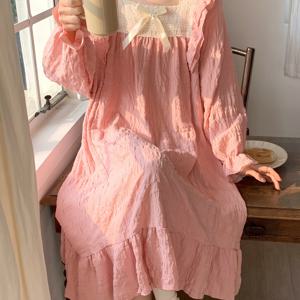 TEMU 여성용 공주풍 긴팔 잠옷, 봄/가을에 적합, 귀엽고 달콤한 디자인, 버블 주름 원단, 단색, 레이스 트림, 라운지웨어로 착용 가능.|잠옷|여성원피스|인견원피스