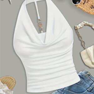 TEMU 여성용 섹시 홀터넥 민소매 탑 - 반투명 스트레치 슬림핏 백리스 셔츠, 화려한 노란색 단색, 캐주얼 및 이브닝 아웃핏용 세탁 가능, 뒤태 노출 디자인, 감각적인 의류