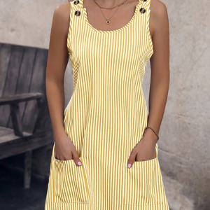 TEMU 여성용 민소매 A라인 포켓 드레스 - 생기 넘치는 노란색 & 검정 줄무늬 롱 캐주얼 원피스, 라운드넥, 세탁기 사용 가능, 봄 여름 의류, 내구성 있는 소재, 편안한 핏