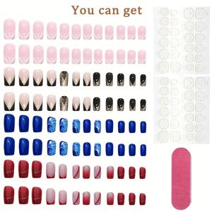 TEMU 광택 블랙, 블루, 레드, 핑크의 그라데이션 및 패턴이 특징인 96개 아크릴 미디엄 직사각형 혼합 색상 프렌치 프레스온 네일 세트. 젤리 글루와 네일 파일이 함께 제공되어 네일 데코레이션에 적합합니다.