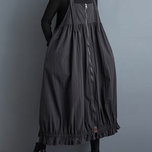 TEMU 여성용 캐주얼 블랙 서스펜더 미디 드레스 - 레트로 스타일 지퍼, 러플 밑단, 폴리에스터, 봄/여름/가을에 적합