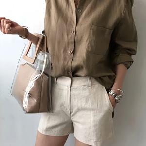 TEMU 여성용 우아한 캐주얼 긴팔 셔츠 - 베이지 버튼업 가슴 포켓, 봄 여름 가을용 릴랙스 핏, 세탁기 사용 가능 사무실 및 캐주얼 의상, 캐주얼 오피스웨어 | 우아한 버튼업 | 중립 톤 셔츠