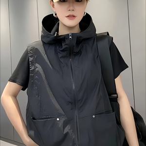 TEMU 심플하고 다재다능한 여성용 캐주얼 경량 편안한 단색 후드 집업 조끼, 더블 포켓 디자인.|민소매