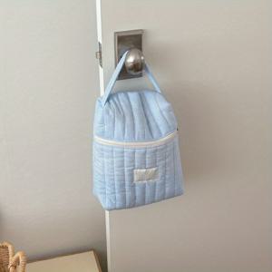 TEMU 대용량 기저귀 보관 가방 - 여행 및 일상용 퀼트 폴리에스터 부모 가방, 기저귀, 물티슈 및 어린이 필수품을 위한 휴대용 다기능 정리함, 블루 & 핑크 디자인, 기저귀 가방