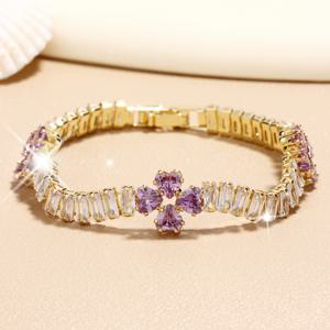 TEMU 1개 여성용 우아한 하트 모양 테니스 팔찌, 보라색 지르코니아 보석, 골드톤 고급 디자인 - 데이 & 기념일 선물에 이상적, 기념일 팔찌|고급 테니스 팔찌|반짝이는 주얼리