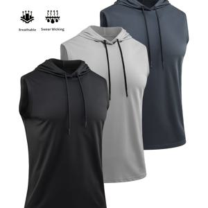 TEMU 남성용 캐주얼 스포츠웨어 3종 세트, 단색 민소매 스포츠 상의, 캐주얼 후드 스웨트셔츠, 드로스트링 후드 조끼, 폴리에스터 니트 원단 - 시원하고 통기성 좋은 속건성 부드럽고 편안한 다기능 피트니스 의류, 일상 운동, 달리기, 사이클링, 낚시, 농구 및 기타 스포츠 활동 및 홈웨어용