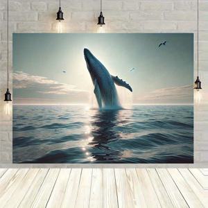 TEMU 1pc 폴리에스터 웅장한 고래가 바다에서 뛰어오르는 장면 배경 벽걸이 원단, 혼합 색상, 보편적인 휴일, 방 장식