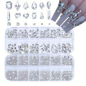 TEMU 2팩 1620개 3D 다면형 네일 아트 라인스톤, 투명 플랫백 유리 , 흰색 다양한 모양, 반짝이는 하트 & 눈물 네일 보석 DIY 매니큐어 장식, 향수 없음|네일아트|매니큐어