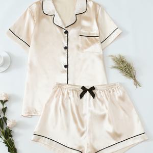 TEMU 여성 캐주얼 반팔 잠옷 세트 | 아이스 실키 섬유 원단, 단색, 라펠 칼라, 리본 장식, 짧은 바지, 봄/여름/가을에 적합