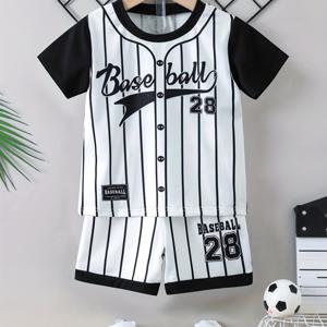 TEMU 2개 세트 남아용 매칭 반팔 상의 - 고탄력 글자 & 숫자 셔츠와 A-패치, 봄 여름 캐주얼 플레이웨어, 유니폼 (어린이용) - 손세탁 가능 2개 세트, 야외 활동에 완벽