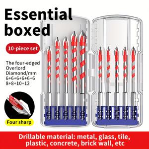 TEMU 콘크리트 드릴링 도구 10개 세트, 4개의 날이 있는 디자인으로, 풀 세라믹 타일에 구멍을 만들기 위해 특별히 설계되었습니다. 드릴 및 구멍 확장용 크로스 드릴 비트 포함.