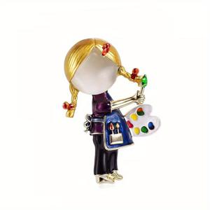 TEMU 에나멜 페인터 걸 브로치 핀 – 독특한 라인스톤 디자인, 팔레트와 붓이 있는 예술적 여성 캐릭터, 우아한 여성을 위한 정장 액세서리