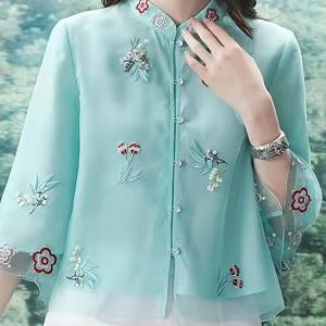 TEMU 여성용 화이트 플로럴 & 버드 중국풍 장식 셔츠 재킷 - 안감, 스탠드 칼라, 반팔, 리조트웨어, 봄/여름 휴가 의상, 세탁기 사용 가능